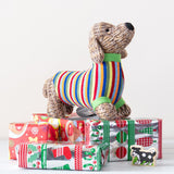 Knitted Sausage Dog in Dark Stripe Jumper Soft Toy