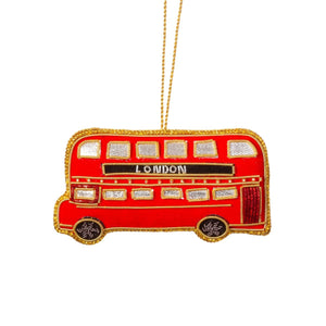 Sass & Belle - London Bus Zari Embroidery Decoration Red- Hanging Christmas Decoration