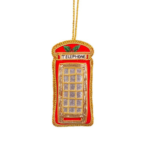 Sass & Belle - London Telephone Box Zari Embroidery Decoration Red- Hanging Christmas Decoration