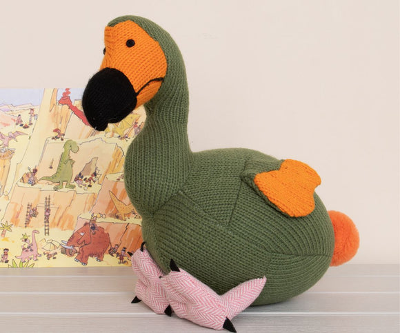 Knitted Moss Green Dodo Soft Toy with Orange Tail