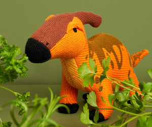 Knitted Orange Parasaurolophus Soft Toy Dinosaur