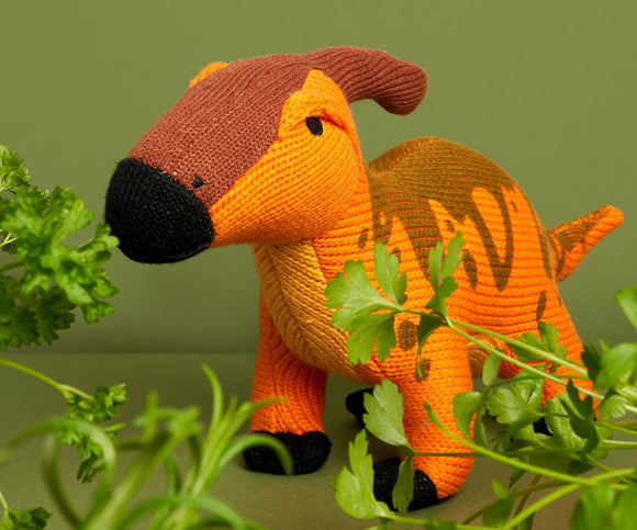 Knitted Orange Parasaurolophus Soft Toy Dinosaur