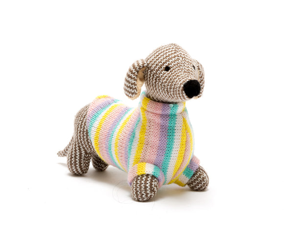 Knitted Sausage Dog Rattle in Pastel Jumper