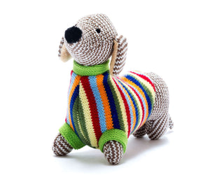 Knitted Sausage Dog Rattle in Rainbow Jumper