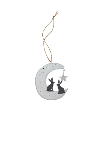 Shoeless Joe - Hares on Moon - Hanging Christmas Decoration