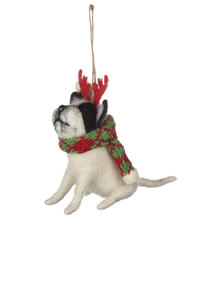 Shoeless Joe - Frenchie with Antlers - Hanging Christmas Decoration