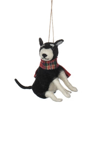Shoeless Joe - Black and White Dog in Scarf - Hanging Christmas Decoration