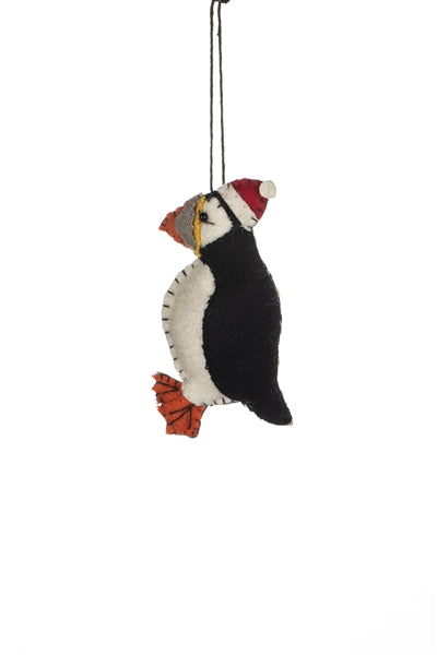 Shoeless Joe - Felt Puffin In Hat - Hanging Christmas Decoration