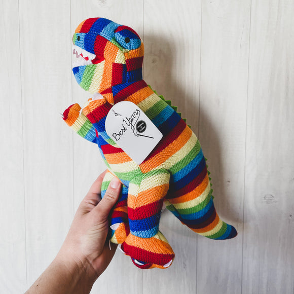 Knitted Bold Stripe Rainbow T Rex Dinosaur Soft Toy