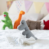 Knitted Grey Diplodocus Dinosaur Soft Toy with Comfort Blanket
