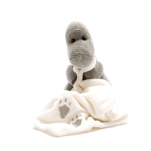 Knitted Grey Diplodocus Dinosaur Soft Toy with Comforter Blanket
