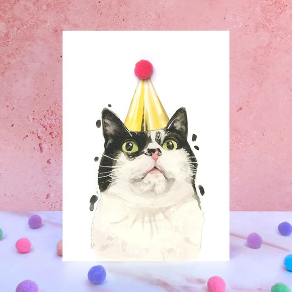 Black and White Cat Pompom Birthday Card