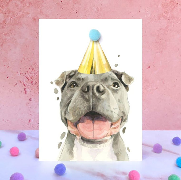 Staffordshire Bull Terrier Pompom Birthday Card