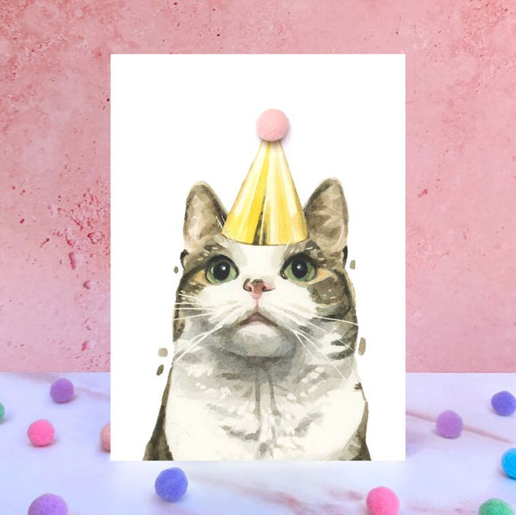 Tabby and White Cat Pompom Birthday Card