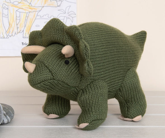 Knitted Moss Green Triceratops Dinosaur Soft Toy