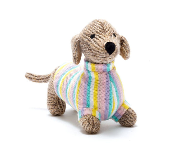 Knitted Sausage Dog in Pastel Stripe Jumper Soft Toy